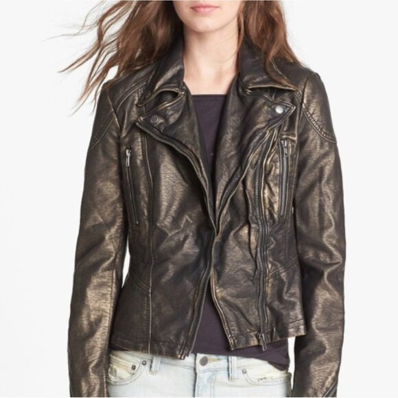 Free People Jackets & Blazers - Y2K Free People Bronze Vegan Leather Asymmetrical Zip Moto Jacket | Streetwear